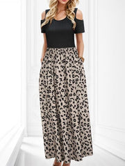 Leopard Round Neck Cold Shoulder Dress - Trendsi