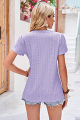 Eyelet V-Neck Petal Sleeve T-Shirt - Trendsi - Flyclothing LLC