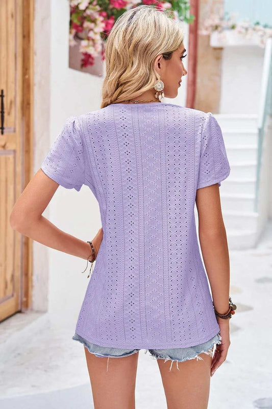 Eyelet V-Neck Petal Sleeve T-Shirt - Trendsi - Flyclothing LLC