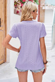 Eyelet V-Neck Petal Sleeve T-Shirt - Trendsi