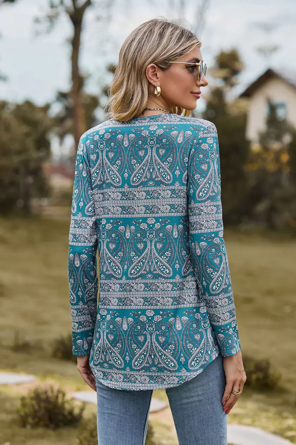 Printed Square Neck Long Sleeve Blouse - Trendsi - Flyclothing LLC