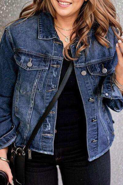 Plus Size Distressed Button Up Raw Hem Denim Jacket - Trendsi - Flyclothing LLC