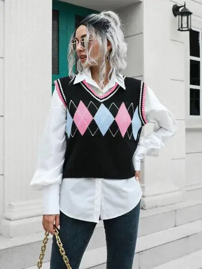 Geometric V-Neck Sweater Vest - Trendsi - Flyclothing LLC