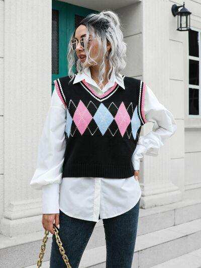 Geometric V-Neck Sweater Vest - Trendsi - Flyclothing LLC