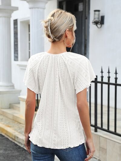 Eyelet Tie Neck Flutter Sleeve Blouse - Trendsi