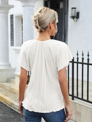 Eyelet Tie Neck Flutter Sleeve Blouse - Trendsi