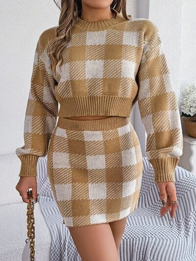 Plaid Round Neck Top and Skirt Sweater Set - Trendsi