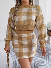 Plaid Round Neck Top and Skirt Sweater Set - Trendsi