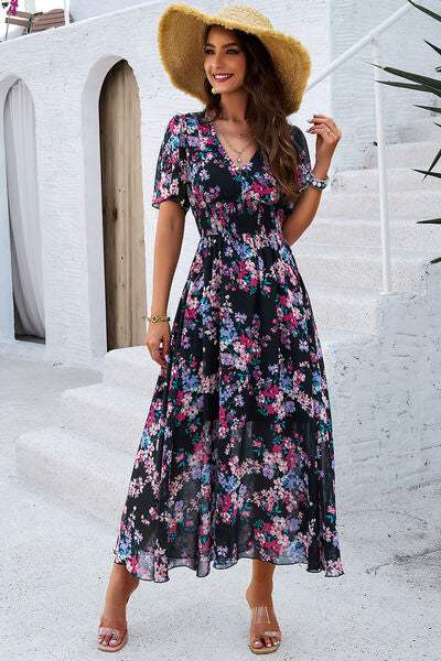 Smocked Floral V-Neck Short Sleeve Dress - Trendsi - Flyclothing LLC