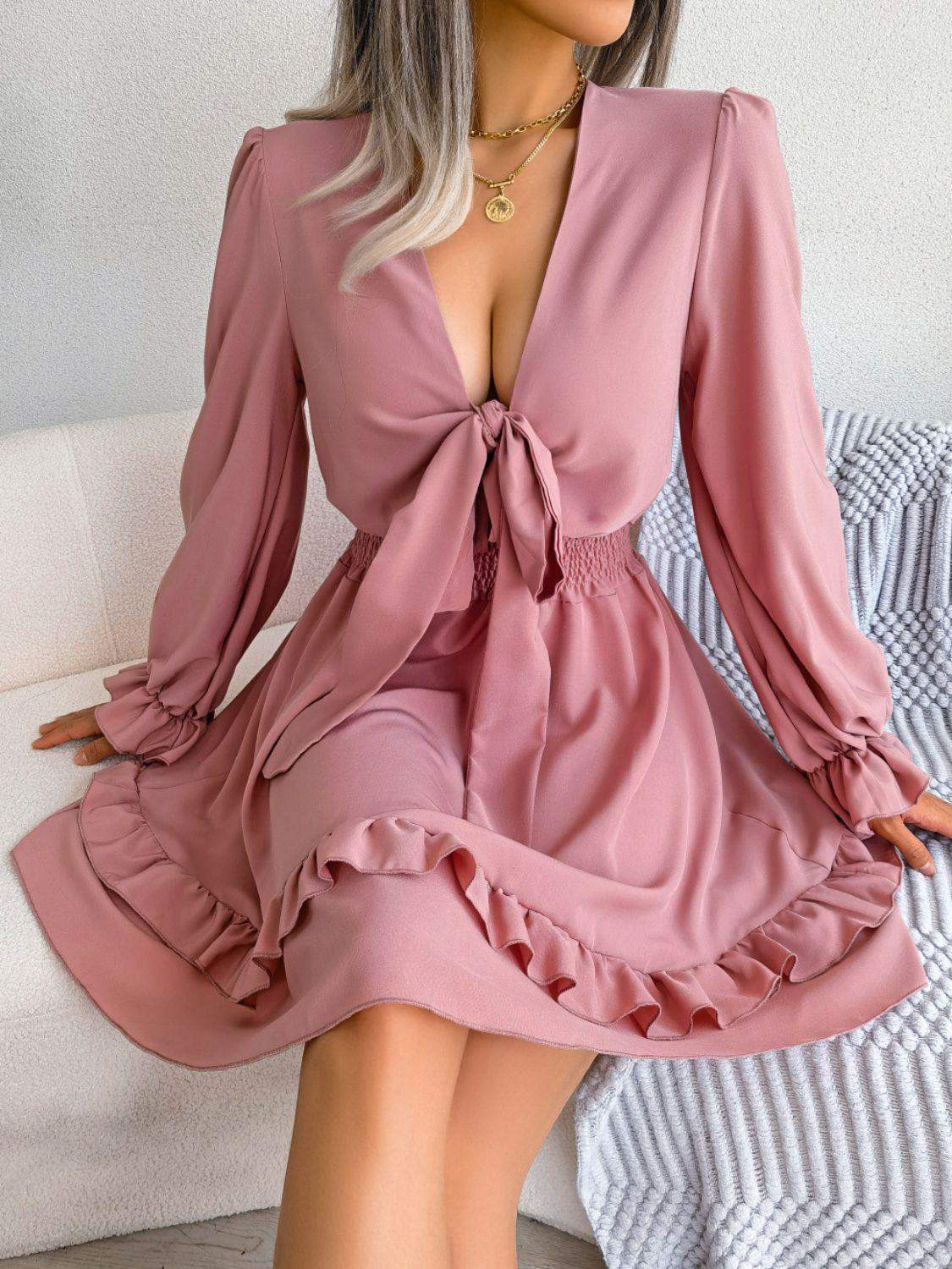 Tie Front Smocked Waist Flounce Sleeve Dress - Trendsi - Flyclothing LLC