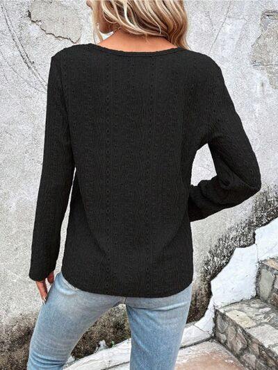 Openwork Half Button Long Sleeve Blouse - Trendsi
