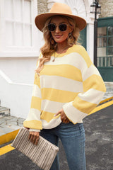 Striped Balloon Sleeve Knit Pullover - Trendsi - Flyclothing LLC