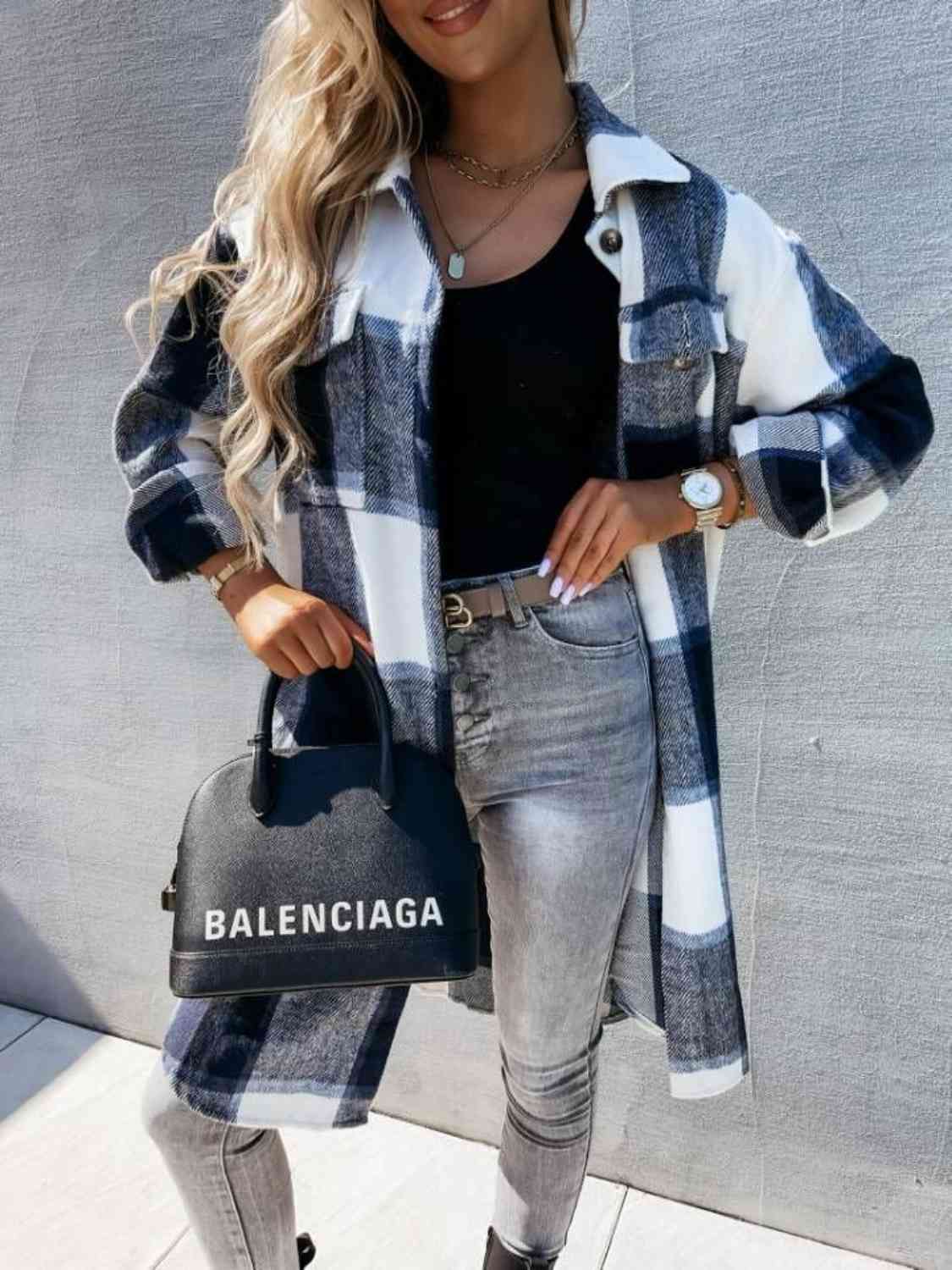 Plaid Collared Neck Longline Shirt - Trendsi - Flyclothing LLC