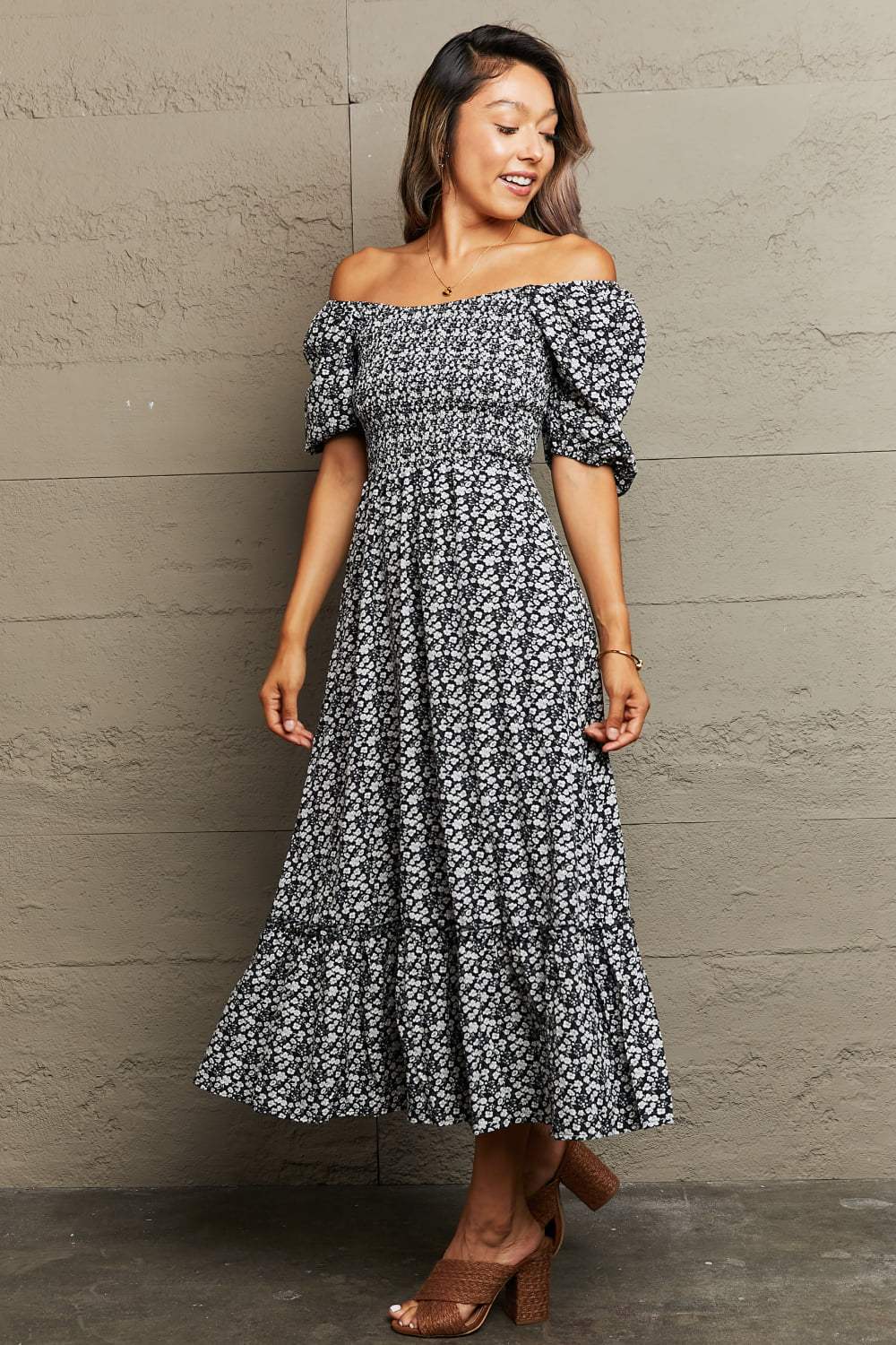 Floral Lace-Up Off-Shoulder Midi Dress - Trendsi - Flyclothing LLC