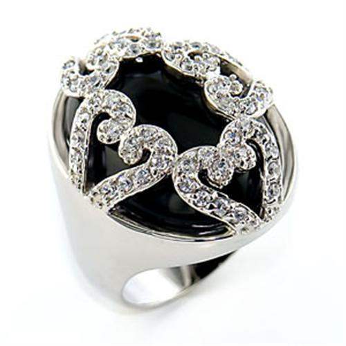 Alamode Rhodium Brass Ring with Semi-Precious Onyx in Jet - Alamode - Flyclothing LLC