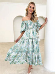 Printed Smocked Off-Shoulder Tiered Dress - Trendsi
