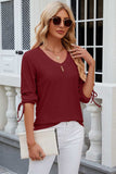Eyelet Drawstring V-Neck Half Sleeve T-Shirt - Trendsi - Flyclothing LLC