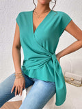 Tied Surplice Neck Short Sleeve Blouse - Trendsi - Flyclothing LLC