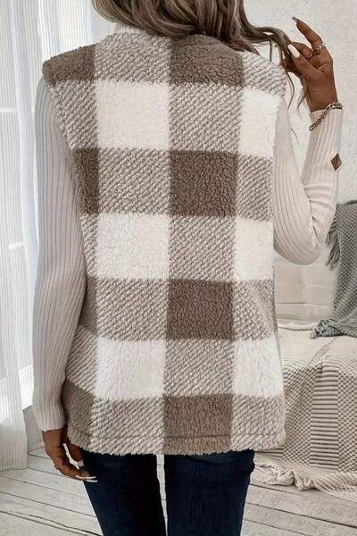 Sherpa Plaid Open Front Vest Coat - Trendsi - Flyclothing LLC