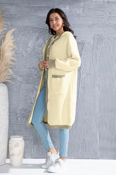 Button Up Contrast Trim Hooded Cardigan - Trendsi