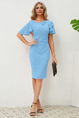 Slit Round Neck Flutter Sleeve Dress - Flyclothing LLC