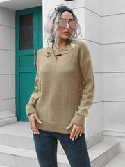 Dropped Shoulder Button Detail Sweater - Trendsi