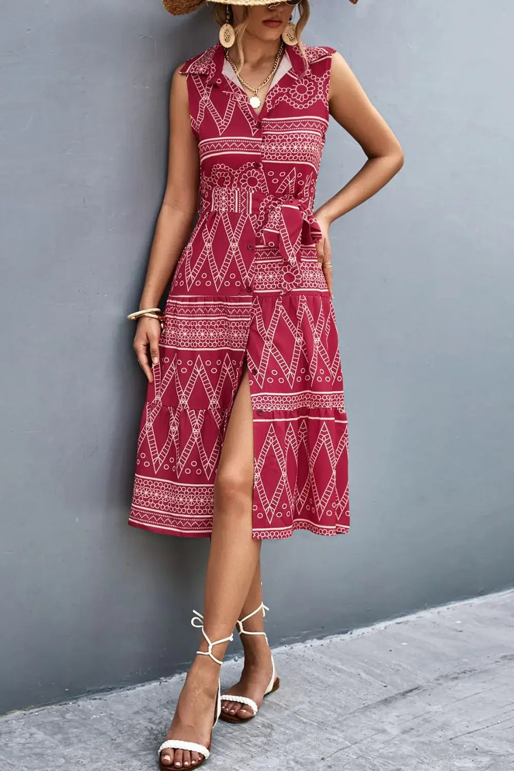 Printed Button Front Tie-Waist Sleeveless Collared Dress - Trendsi - Flyclothing LLC