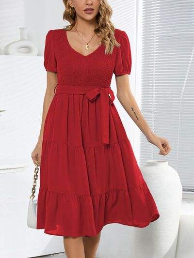 Smocked Tie Front Short Sleeve Tiered Dress - Trendsi - Flyclothing LLC