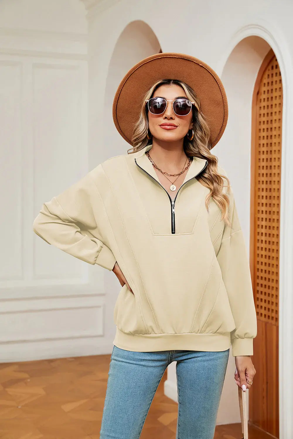 Half-Zip Dropped Shoulder Sweatshirt - Trendsi - Flyclothing LLC