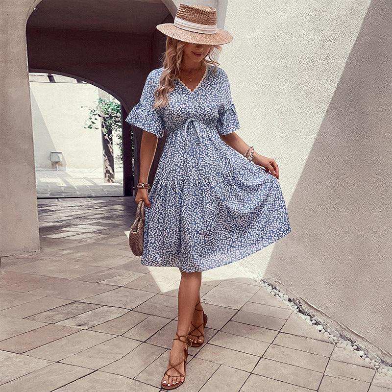 Floral Flounce Sleeve V-Neck Dress - Trendsi - Flyclothing LLC