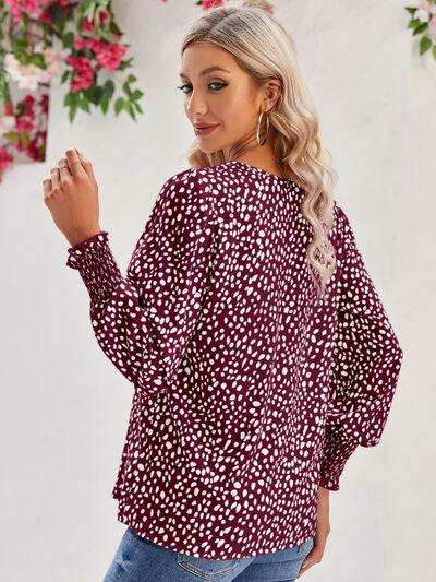 Printed V-Neck Lantern Sleeve Blouse - Trendsi - Flyclothing LLC