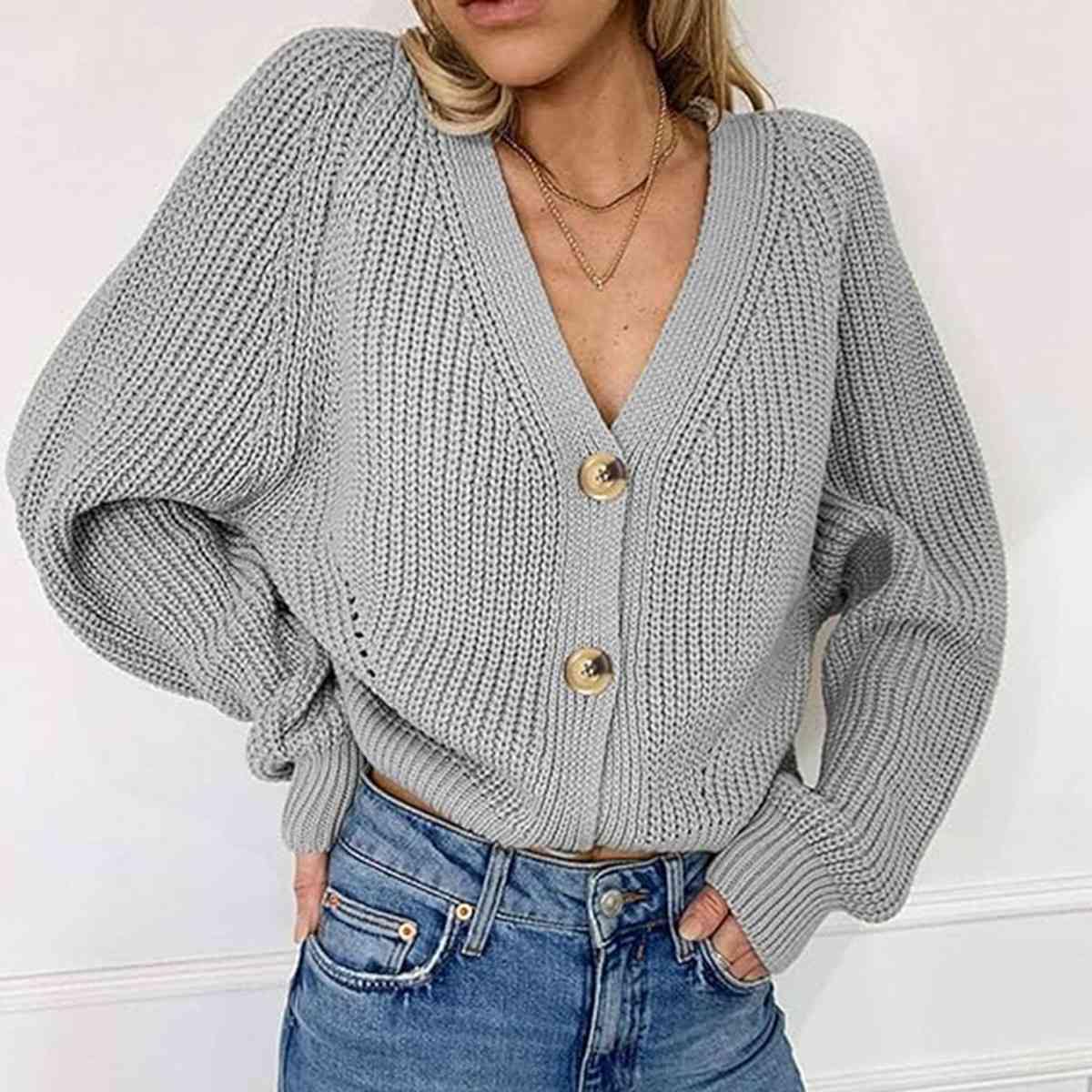 Button Up V-Neck Long Sleeve Cardigan - Trendsi