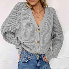 Button Up V-Neck Long Sleeve Cardigan - Trendsi