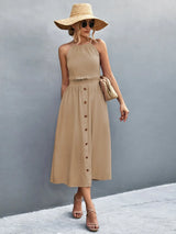 Buttoned Halter Neck Frill Trim Midi Dress - Trendsi - Flyclothing LLC