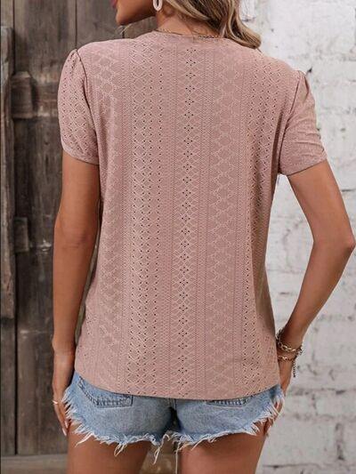 Eyelet V-Neck Petal Sleeve T-Shirt - Trendsi