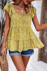 Printed Square Neck Cap Sleeve Blouse - Trendsi - Flyclothing LLC