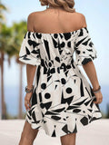 Printed Off-Shoulder Smocked Waist Dress - Trendsi - Flyclothing LLC