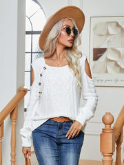 Decorative Button Cold-Shoulder Sweater - Trendsi