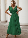 Tied Surplice Cap Sleeve Pleated Dress - Flyclothing LLC