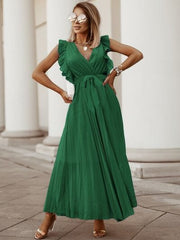 Tied Surplice Cap Sleeve Pleated Dress - Flyclothing LLC