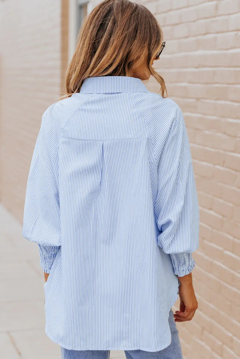 Striped Lantern Sleeve Collared Shirt - Trendsi - Flyclothing LLC