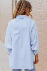 Striped Lantern Sleeve Collared Shirt - Trendsi - Flyclothing LLC