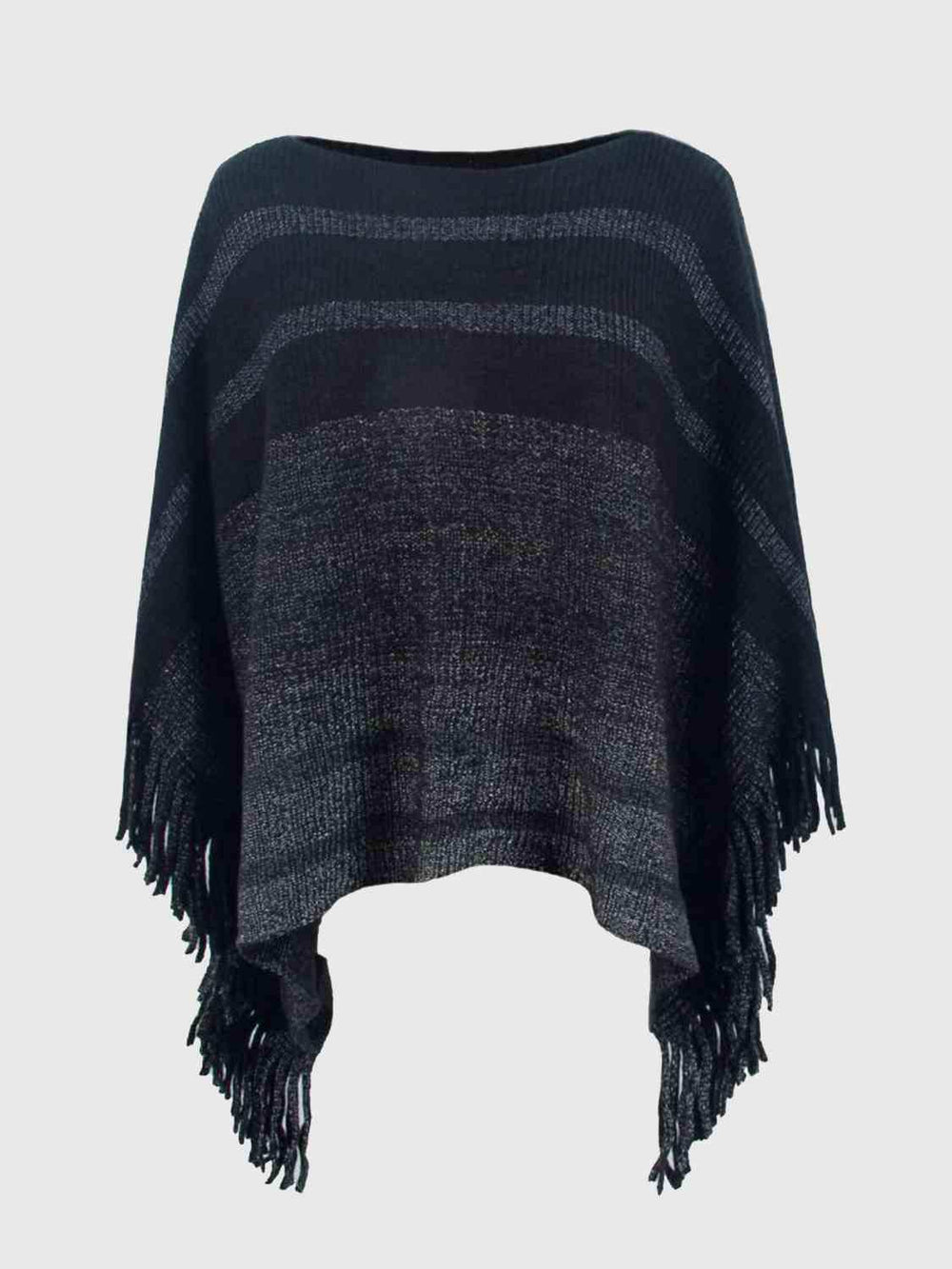 Striped Boat Neck Poncho with Fringes - Trendsi - Flyclothing LLC