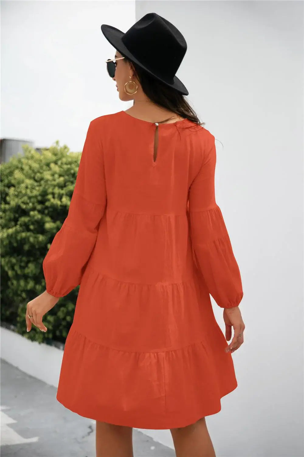 Balloon Sleeve Keyhole Tiered Dress - Trendsi - Flyclothing LLC