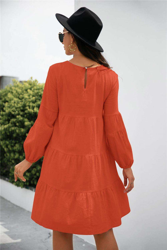 Balloon Sleeve Keyhole Tiered Dress - Trendsi - Flyclothing LLC