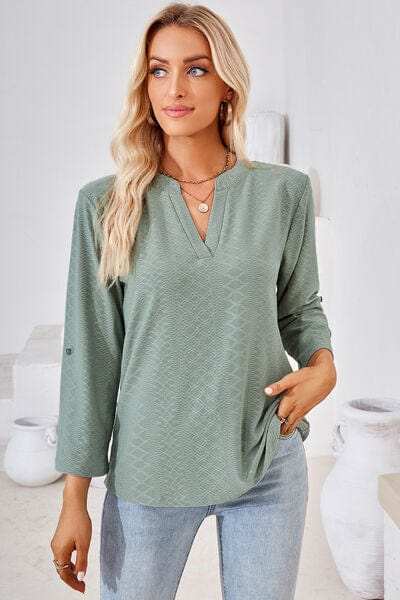 Notched Roll-Tab Sleeve T-Shirt - Trendsi - Flyclothing LLC