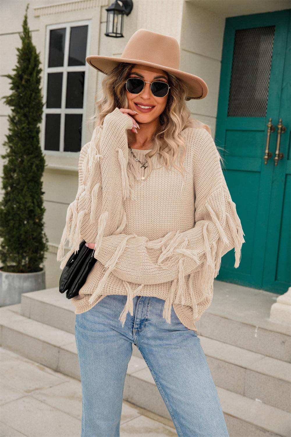 Ribbed Round Neck Fringe Detail Sweater - Trendsi - Flyclothing LLC