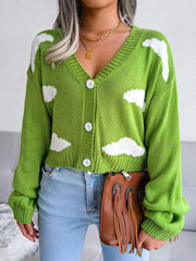 Cloud Print Button Down Ribbed Trim Cardigan - Trendsi
