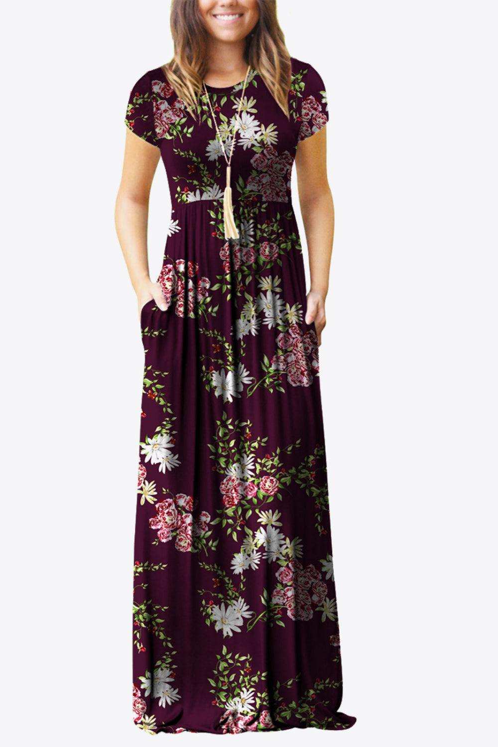 Full Size Printed Round Neck Short Sleeve Dress with Pockets - Trendsi - Flyclothing LLC