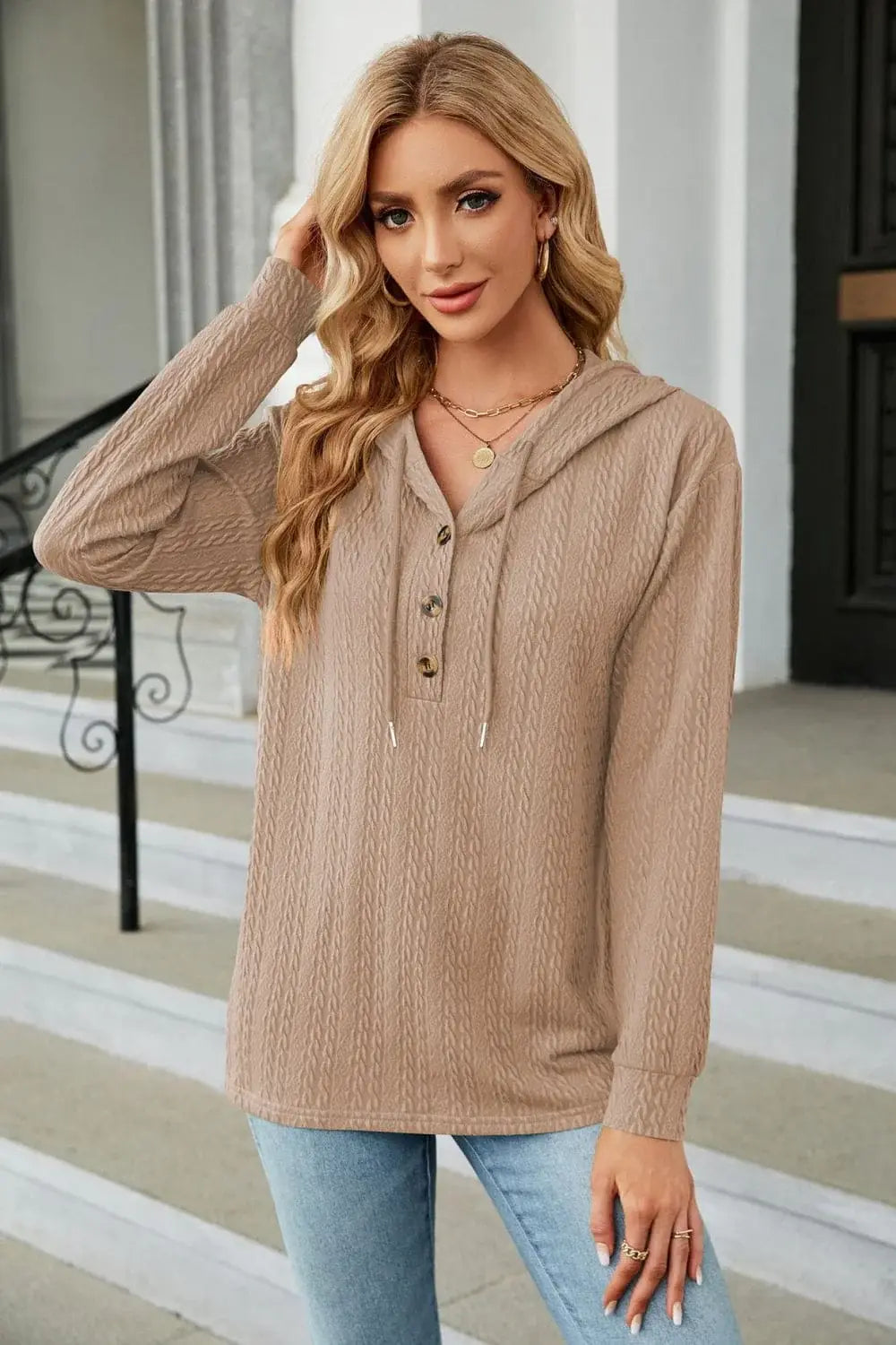 Cable-Knit Long Sleeve Hoodie - Trendsi - Flyclothing LLC